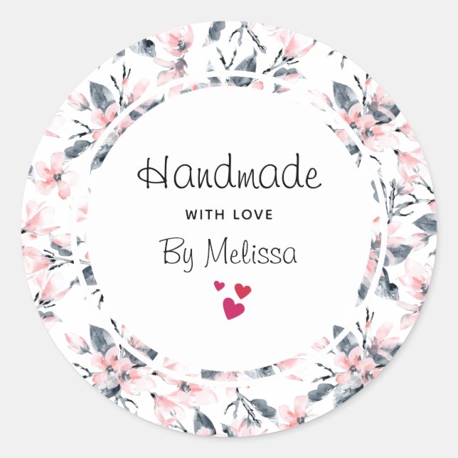 Handmade with Love Pink & Gray Floral Pattern Classic Round Sticker (Front)