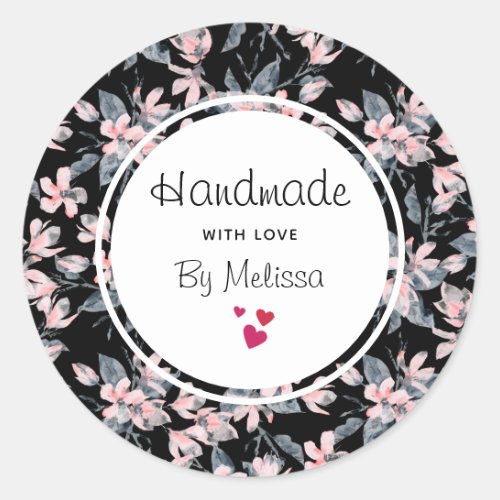 Handmade with Love Pink  Gray Floral Pattern Classic Round Sticker