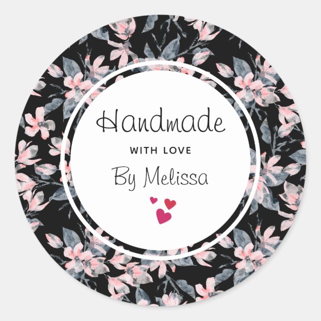 Handmade with Love Pink & Gray Floral Pattern Classic Round Sticker (Front)
