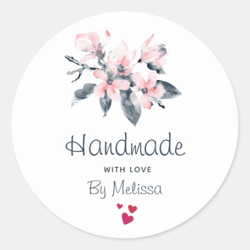 Handmade with Love Pink  Gray Flowers Watercolor Classic Round Sticker