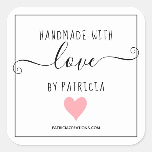 Handmade with love pink heart craft business square sticker