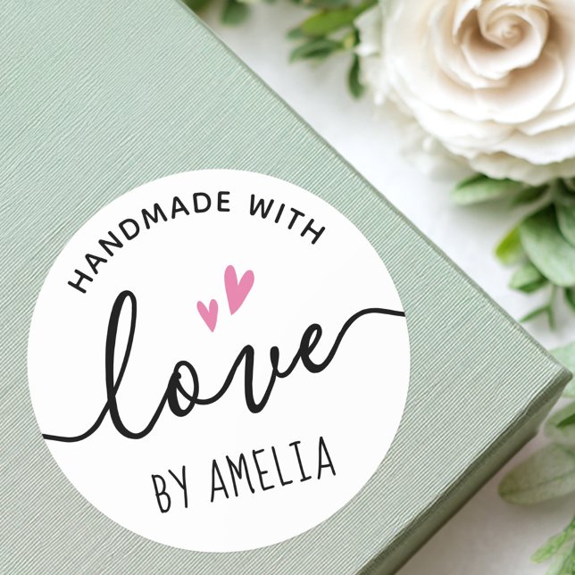 Handmade with love pink hearts custom name classic round sticker (Handmade with love pink hearts custom name classic round sticker)