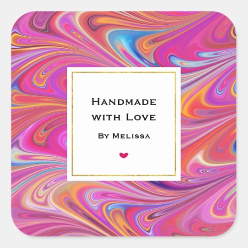 Handmade with Love Pink Orange Swirls Abstract Square Sticker