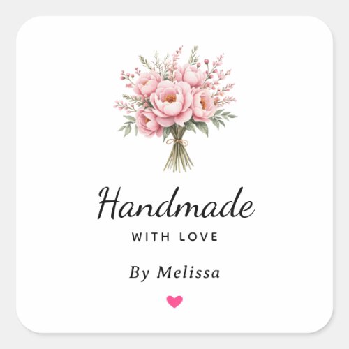 Handmade with Love Pink Peony Flower Bouquet Square Sticker