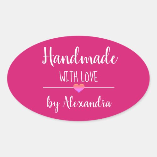 Handmade with love pink script name oval sticker