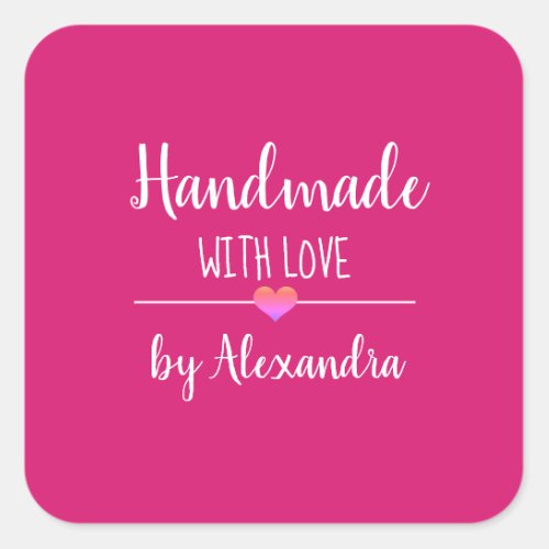 Handmade with love pink script name rectangular st square sticker