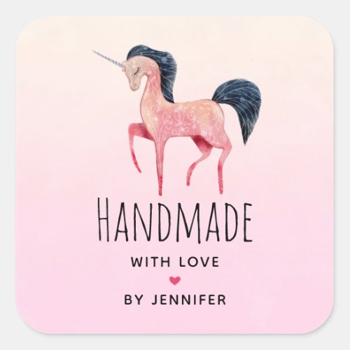 Handmade with Love Pink Unicorn with Black Mane Square Sticker