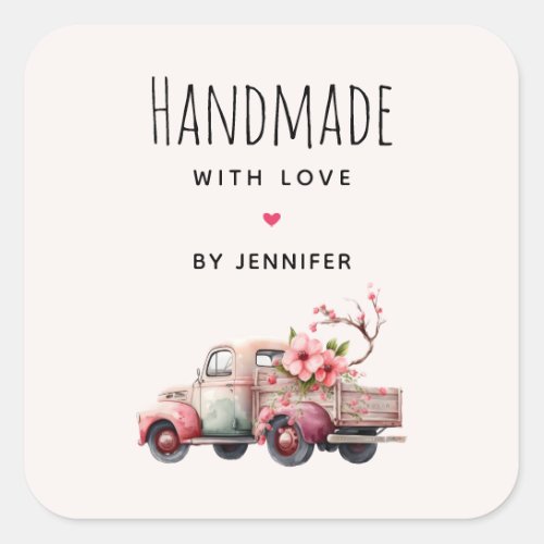 Handmade with Love Pink Vintage Farmers Truck Square Sticker