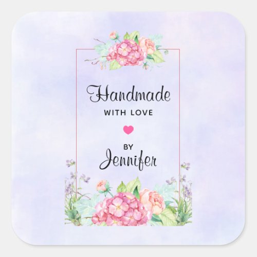 Handmade with Love Pink Watercolor Floral Frame Square Sticker