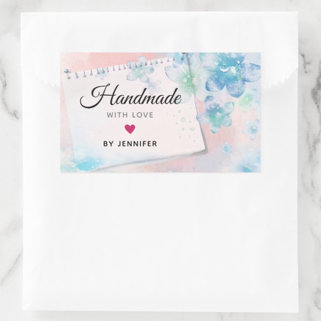 handmade with Love Pretty Blue Flowers on Pink Rectangular Sticker (Bag)
