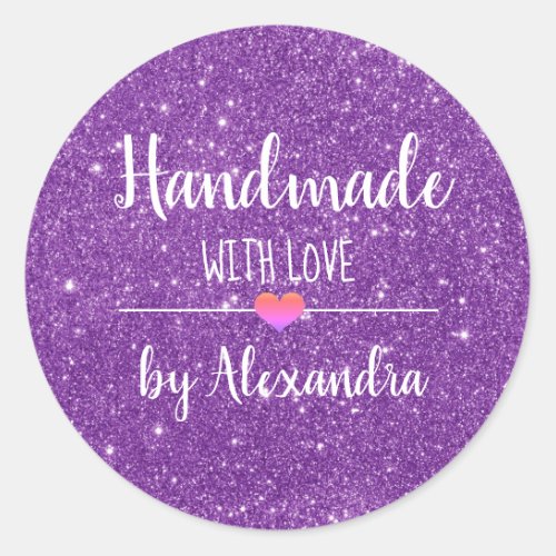 Handmade with love purple glitter script  classic round sticker