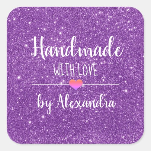 Handmade with love purple glitter script  classic square sticker