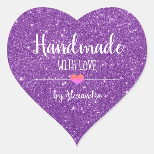 Handmade with love purple glitter script   heart sticker