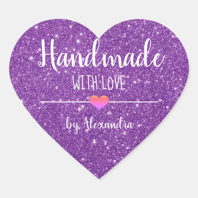 Handmade with love purple glitter script   heart sticker (Front)