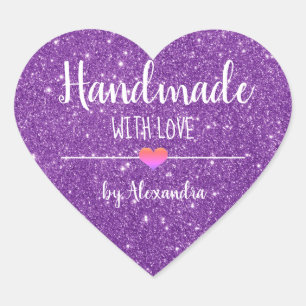 Handmade with love purple glitter script heart sticker