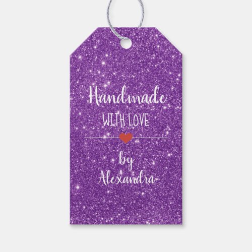 Handmade with love purple glitter script name  gift tags
