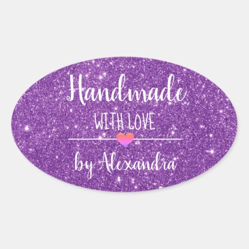 Handmade with love purple glitter script oval sticker