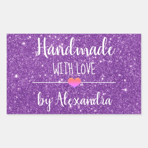 Handmade with love purple glitter script  rectangular sticker
