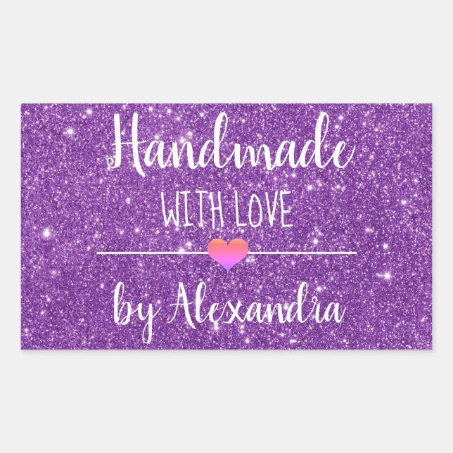 Handmade with love purple glitter script  rectangular sticker (Front)