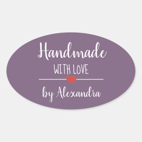 Handmade with love purple script name  oval sticker