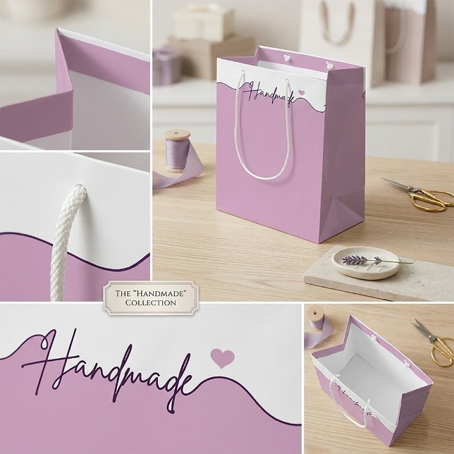 Handmade With Love Purple Small Business Packaging Medium Gift Bag (Lavender "Handmade" gift bag with white rope handles for boutique small business packaging)