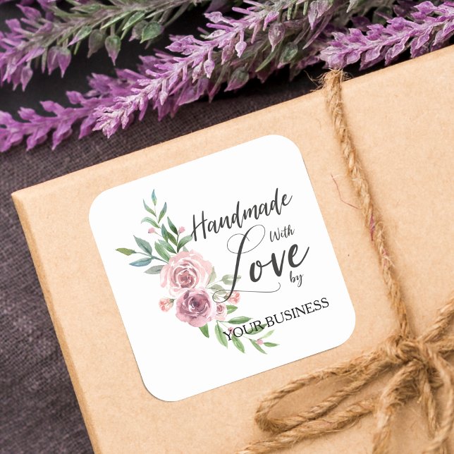 Handmade with Love Quote on Pink Floral Wreath Square Sticker (Creator Uploaded)