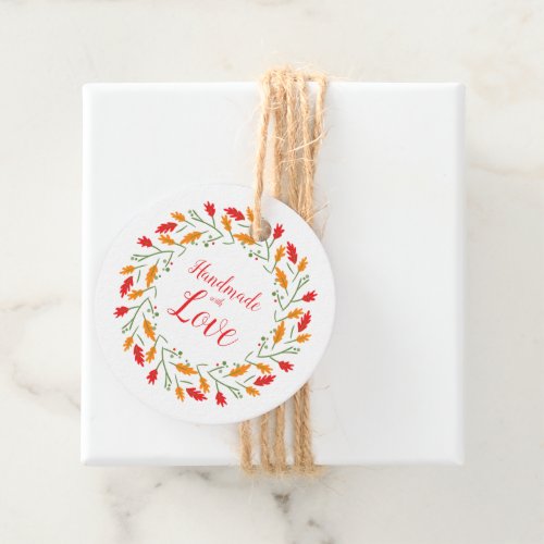 Handmade with Love Quote with Floral Wreath Design Favor Tags