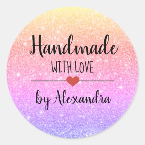 Handmade with love rainbow glitter script  classic classic round sticker