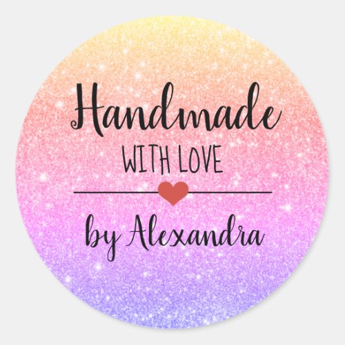 Handmade with love rainbow glitter script  classic round sticker