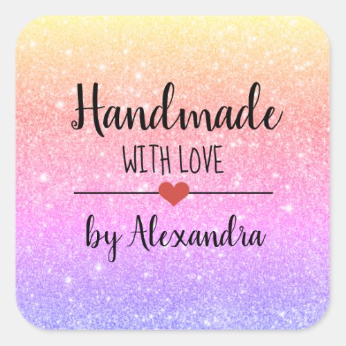 Handmade with love rainbow glitter script  classic square sticker