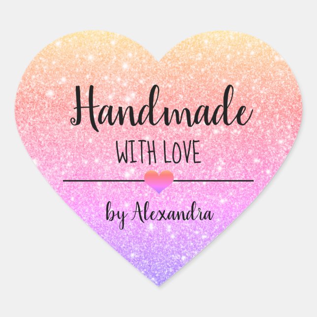 Handmade with love rainbow glitter script   heart sticker (Front)