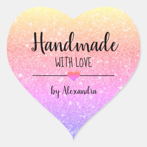 Handmade with love rainbow glitter script   heart sticker