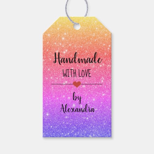 Handmade with love rainbow glitter script name  gift tags