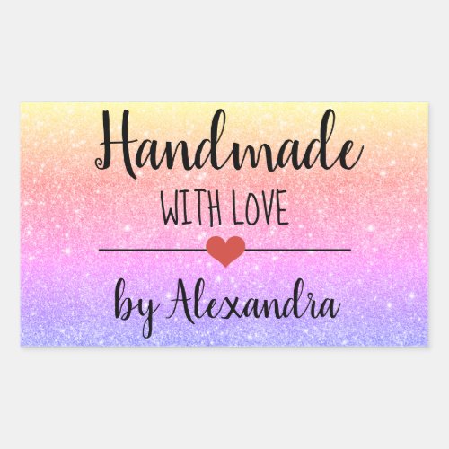 Handmade with love rainbow glitter script  rectangular sticker