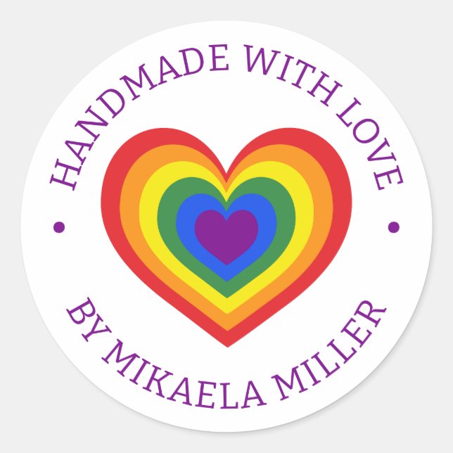 Handmade With Love Rainbow Heart Custom Name Classic Round Sticker (Front)