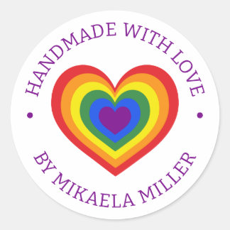 Handmade With Love Rainbow Heart Custom Name Classic Round Sticker