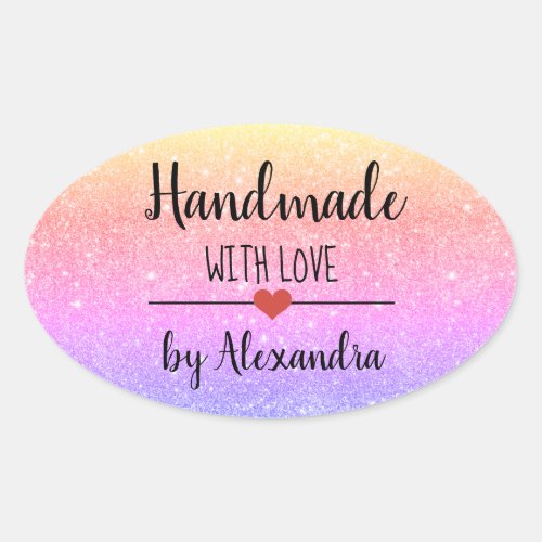 Handmade with love rainbow script oval sticker