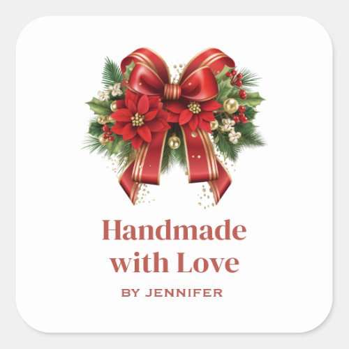 Handmade with Love Red and Gold Christmas Bow Square Sticker