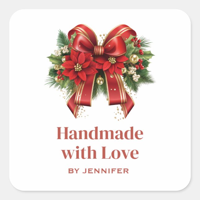 Handmade with Love Red and Gold Christmas Bow Square Sticker (Front)