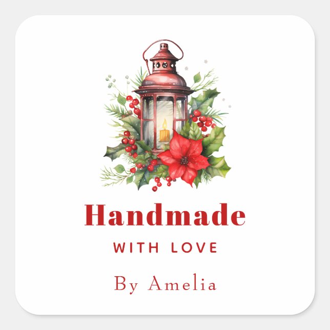 Handmade with Love Red Christmas Lantern Square Sticker (Front)