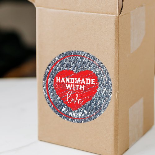 Handmade With Love Red Heart On Blue Denim Texture Classic Round Sticker