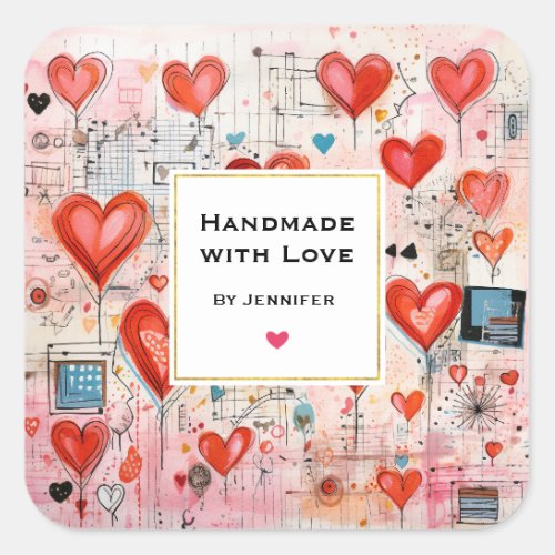 Handmade with Love  Red Hearts Fun Love Pattern Square Sticker