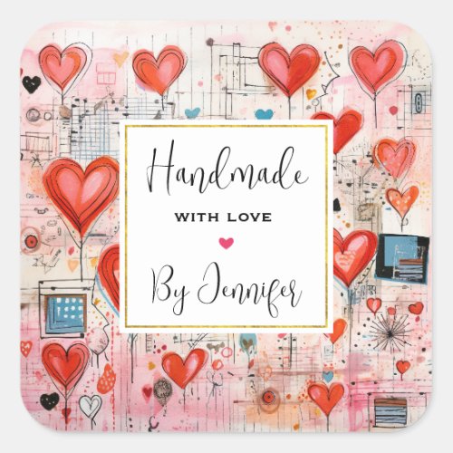 Handmade with Love Red Hearts Whimsical Love Square Sticker