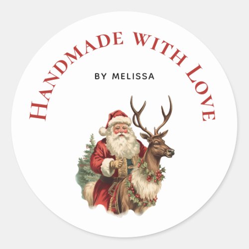 Handmade with Love Retro Santa Claus and Reindeer Classic Round Sticker