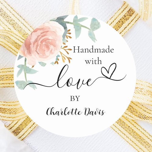 Handmade with love rose gold floral classic round sticker