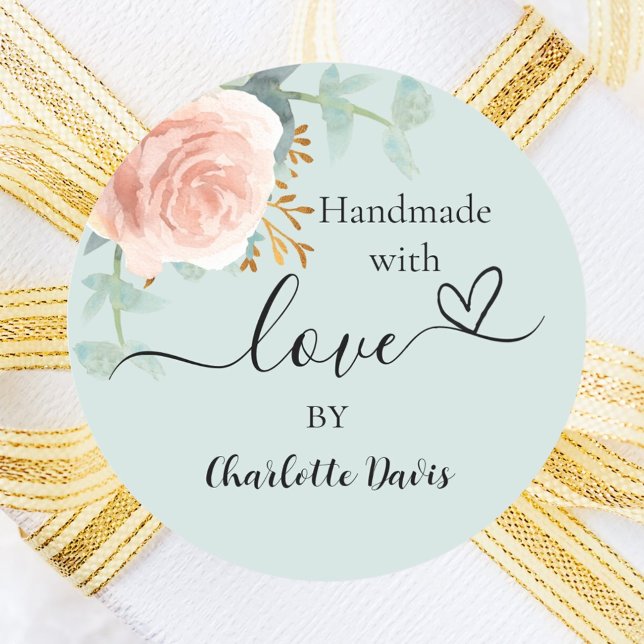 Handmade with love rose gold floral sage green classic round sticker (Creator Uploaded)