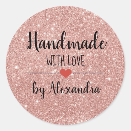 Handmade with love rose gold glitter script classic round sticker
