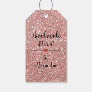 Handmade with love rose gold glitter script name gift tags