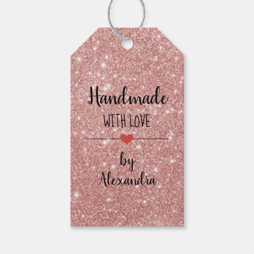 Handmade with love rose gold glitter script name  gift tags