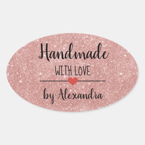 Handmade with love rose gold glitter script oval sticker
